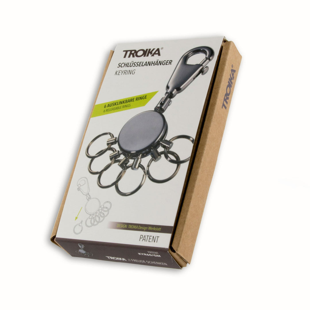 Troika Multi-Ring Patent Keyring in Black Chrome Gun Metal Finish Item KYR60/GM Showing packaging