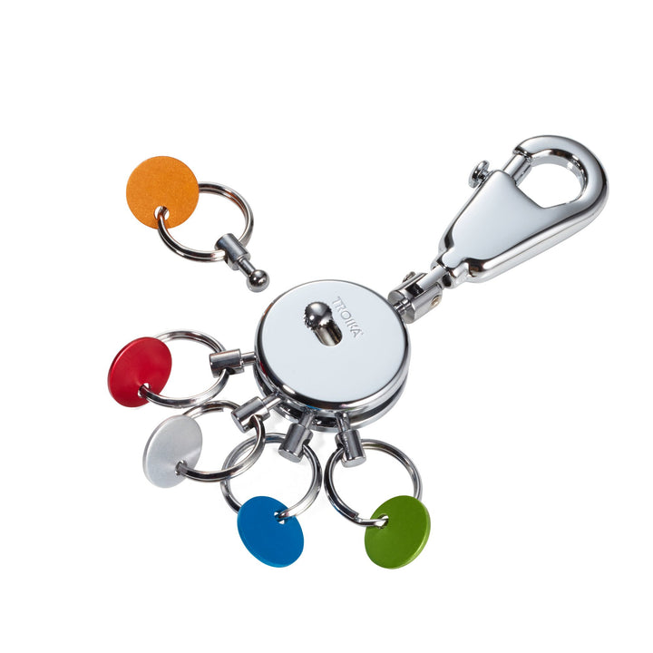 Troika Patent Quick Release Keyring with Color Aluminum Tabs. Chrome Finish Item KYR61/CH, Showing one ring released
