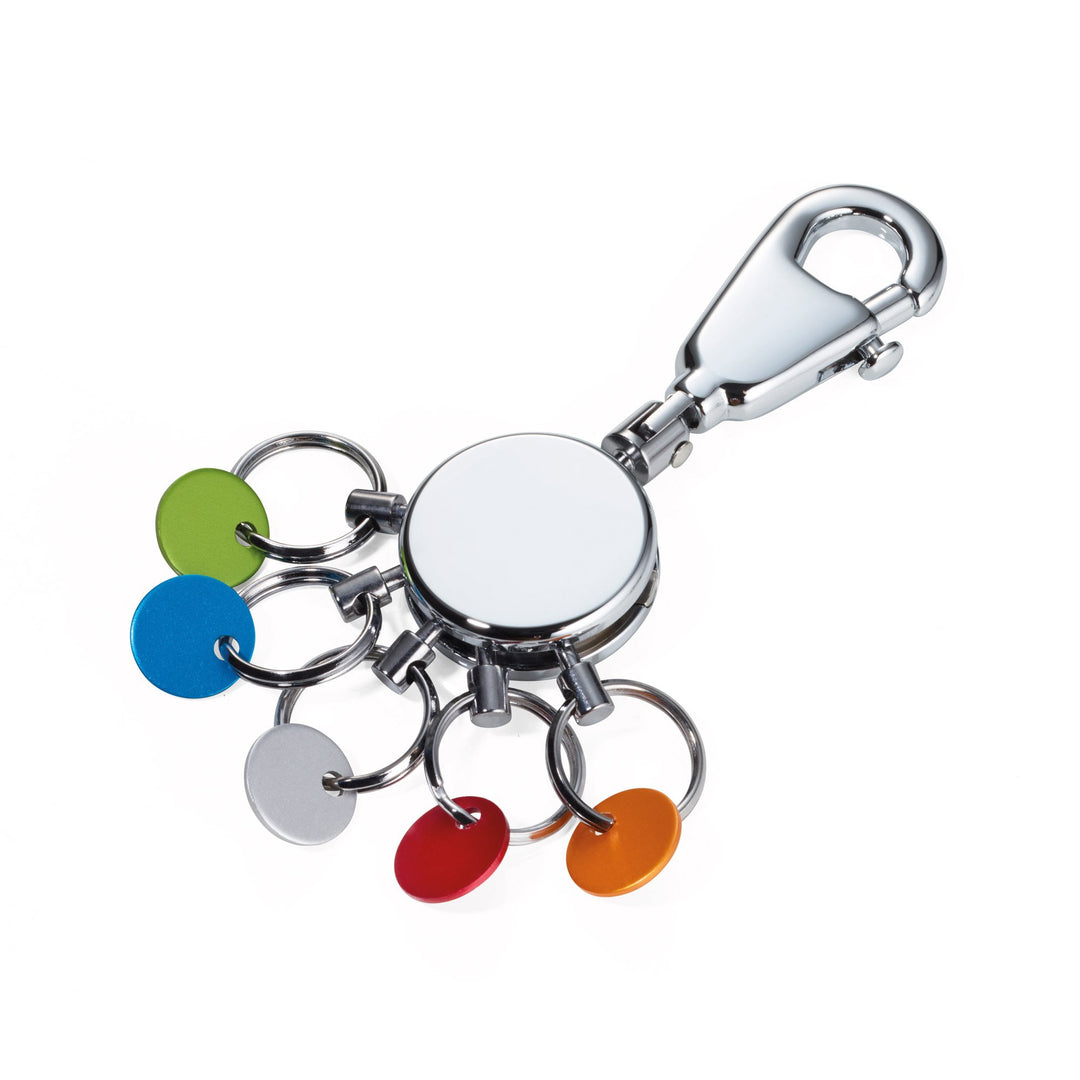 Troika Patent Quick Release Keyring with Color Aluminum Tabs. Chrome Finish Item KYR61/CH Showing back of the Keyring with room for engraving