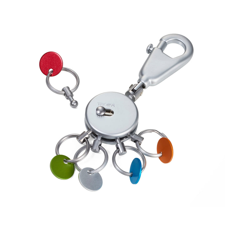 Troika Patent Quick Release Keyring with Color Aluminum Tabs. Mat Chrome Finish Item KYR61/MC, Showing one ring released