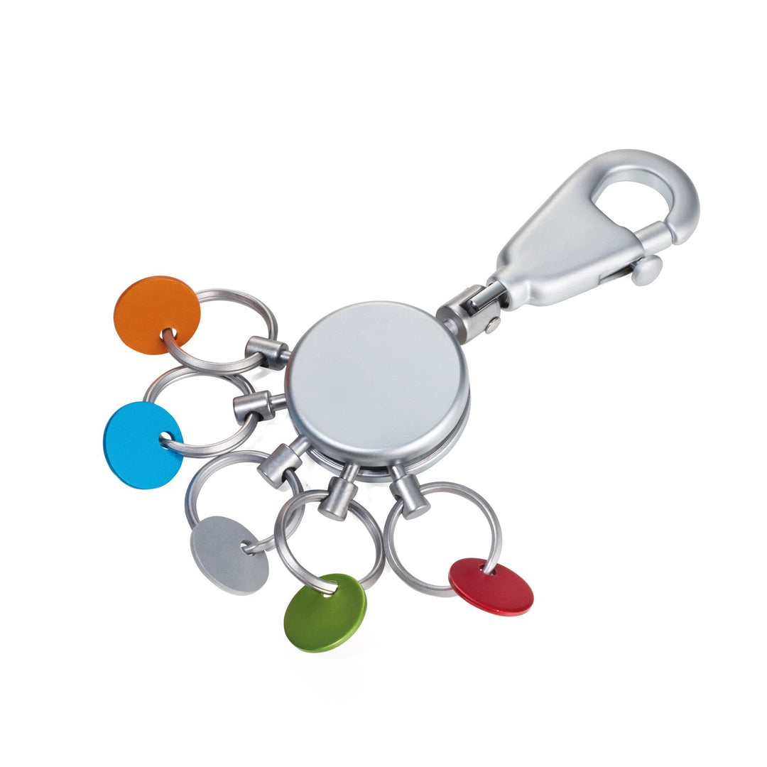Troika Patent Quick Release Keyring with Color Aluminum Tabs. Mat Chrome Finish Item KYR61/MC Showing back of the Keyring with room for engraving