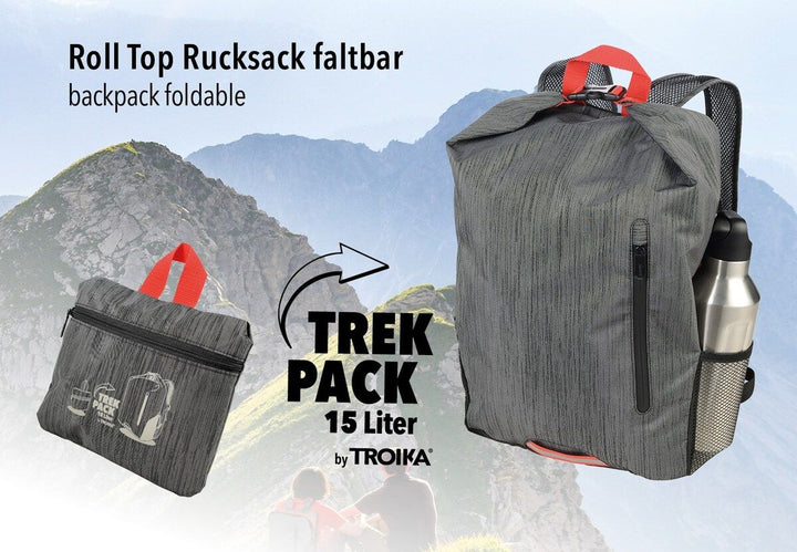 Troika TREKPAK Foldable Lightweight Roll Top Backpack Available in Two Colors