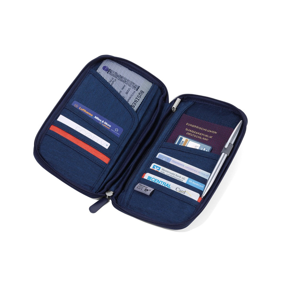 Troika Safe Flight Slim Travel Wallet (Blue) with travel documents in compartments, TRV20/DB