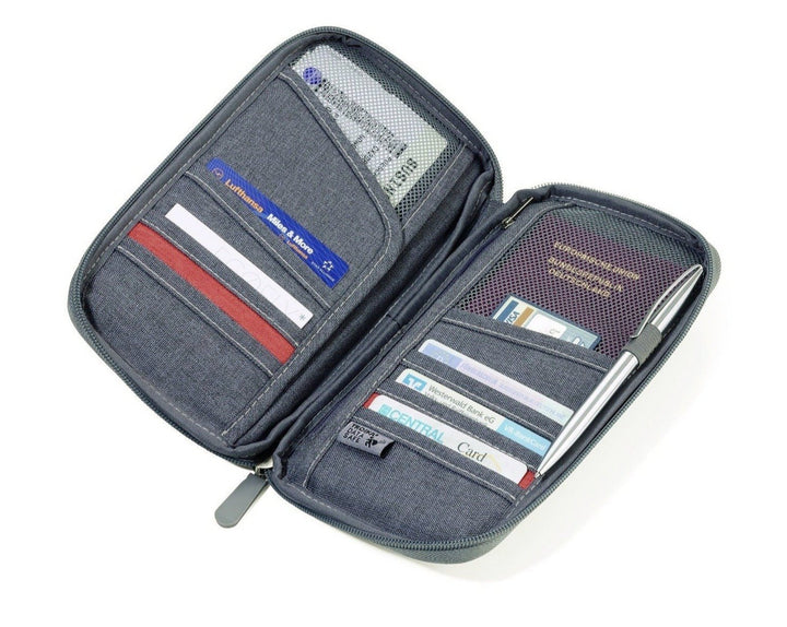 Troika Safe Flight Slim Travel Wallet (Grey) with travel documents in compartments, TRV20/GY