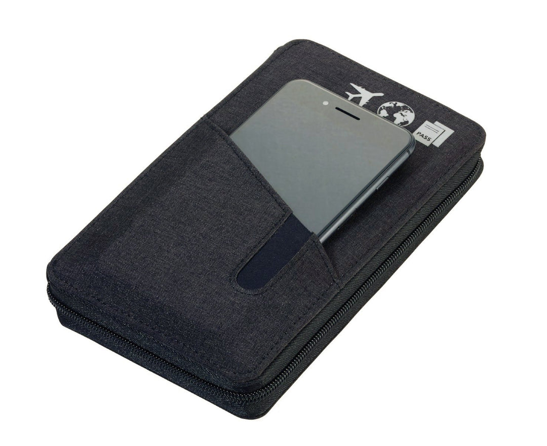Troika CargoSafe Travel Case With RFID Protection with phone slipped into exterior pocket, TRV90/DG